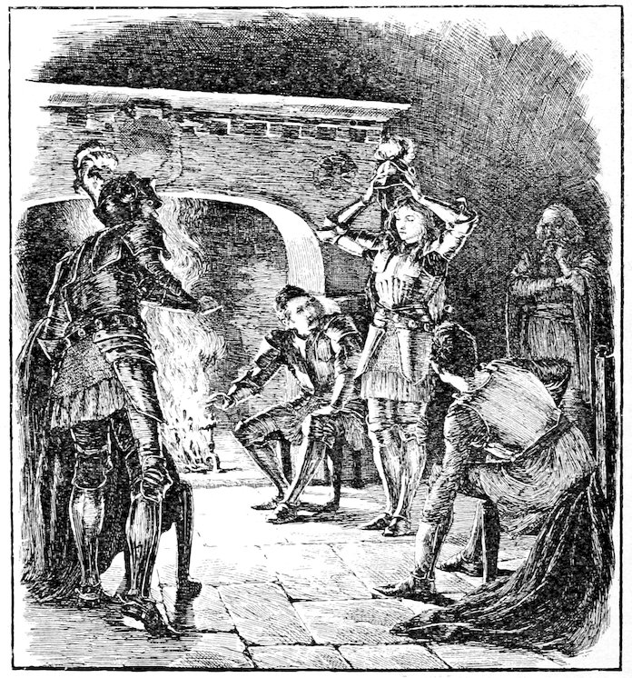Several people gathered inside a room with a fireplace, including a knight removing a helmet and other figures seated or standing nearby.