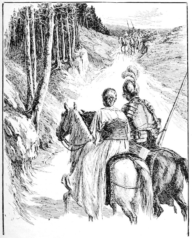 A woman and a knight on horseback riding along a path near a forest, with other horsemen visible in the distance.