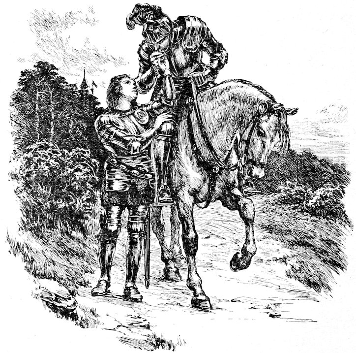 An armored knight on a horse, with another armored person standing beside and touching the horseman’s hand.
