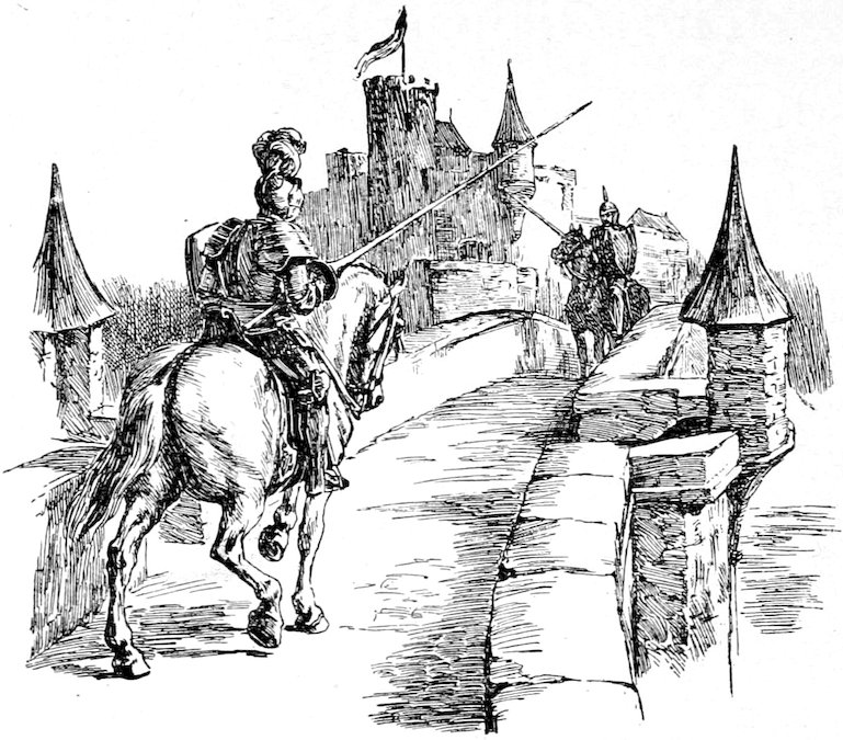 Two knights on horseback jousting with lances on a bridge leading to a castle.