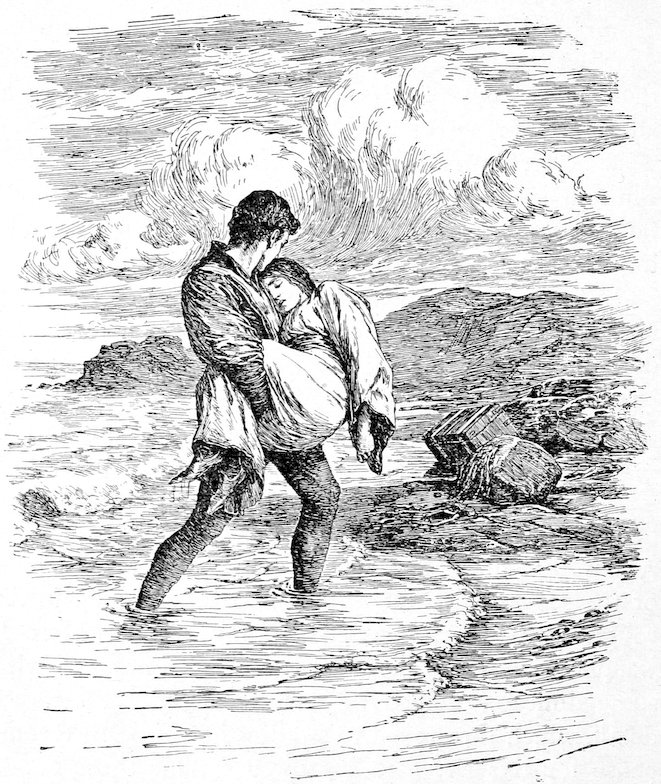 A man carrying a woman in his arms through shallow water near a shoreline.
