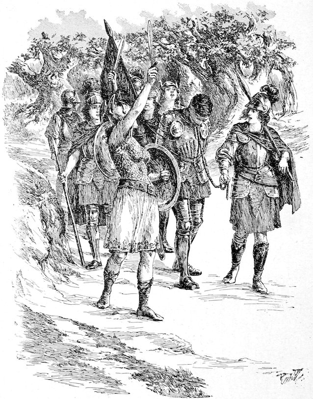 A group of armored figures walking along a path, with one man raising a sword and shield in the foreground.