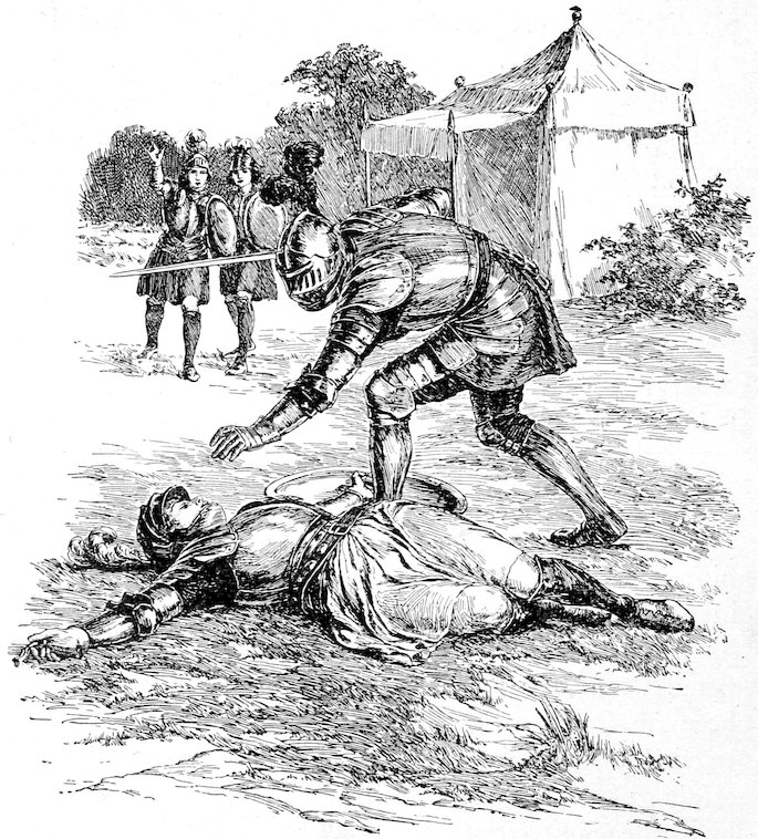 An armored knight standing over another fallen knight on the ground, with a tent and other figures in the background.