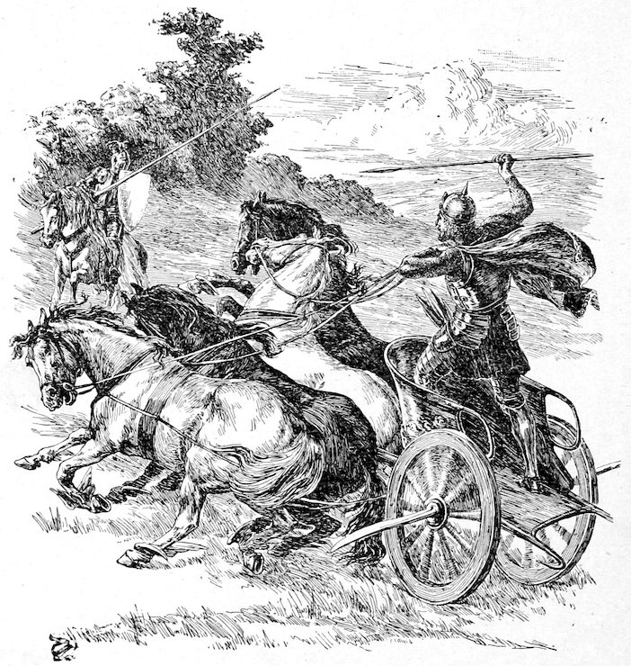 An armored figure standing in a horse-drawn chariot and holding a spear, with other horses and a rider in the background.