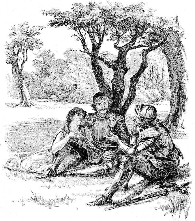 An armored knight talking to a man and a woman sitting together under the trees.