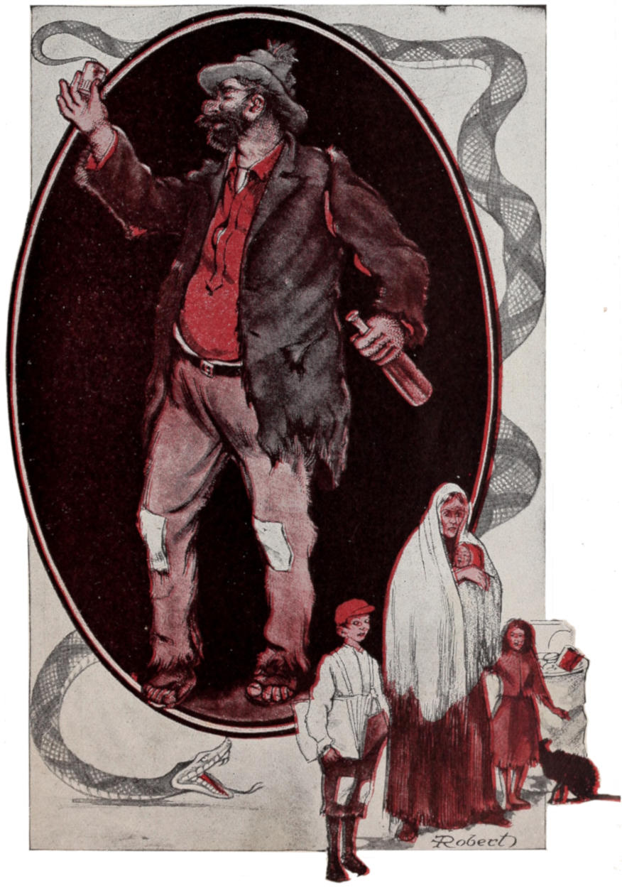 Drunkard and a destitute family with a snake in the background