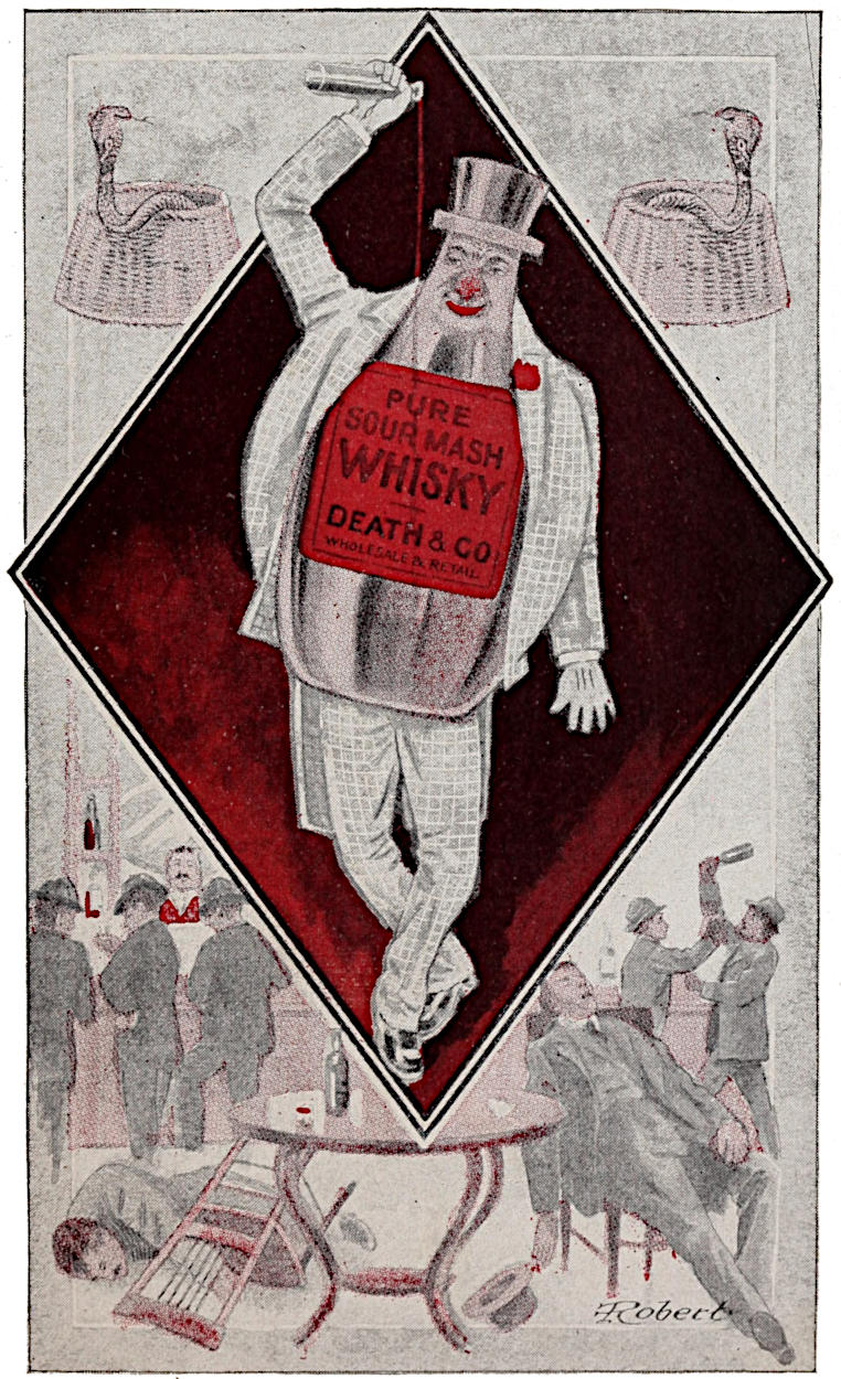 Two cobras; intoxicated man dressed up as a whisky bottle; bar scene with drunk patrons