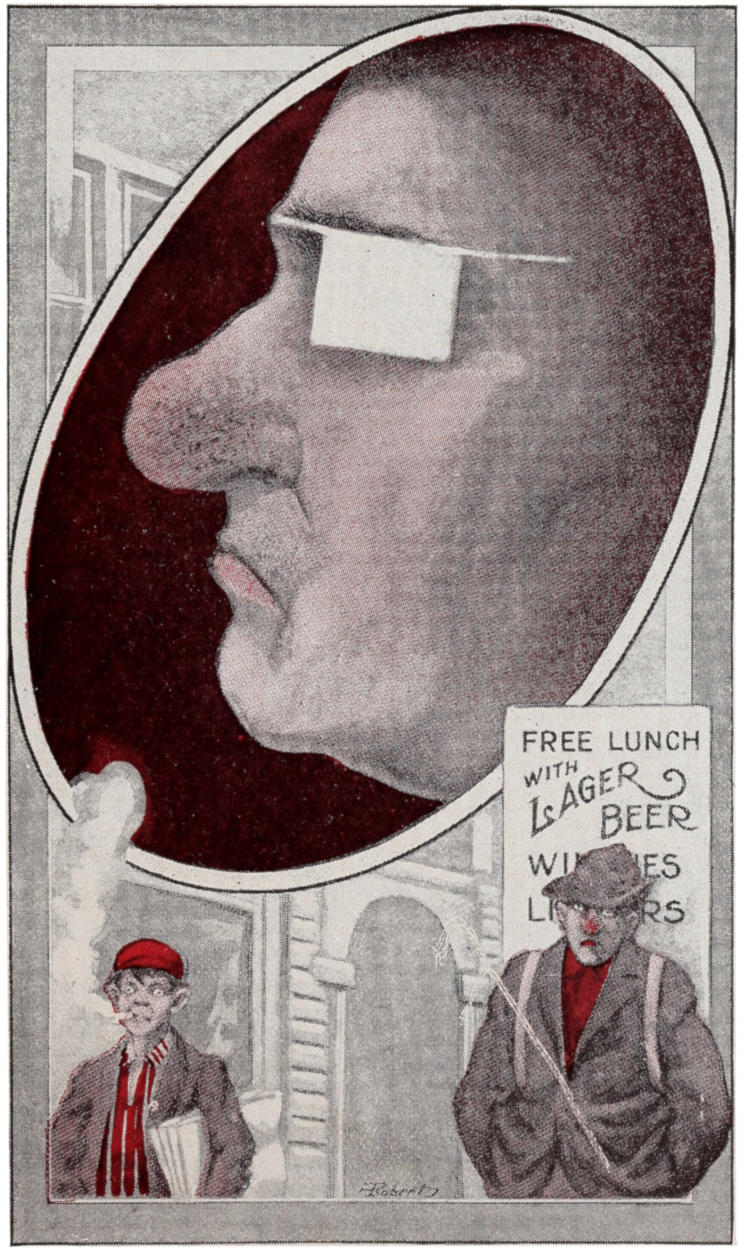 Man's face with drinker's nose; cigarette smoking paper boy; human billboard