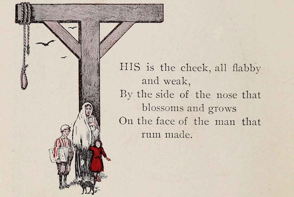 Destitute mother, children and cat under capital T-shaped gallows