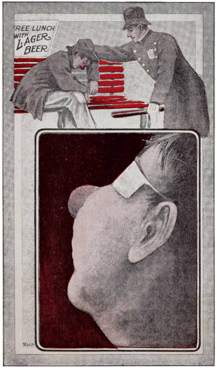 Drunk human billboard with police officer; face of man with drinker's nose and flabby cheeks