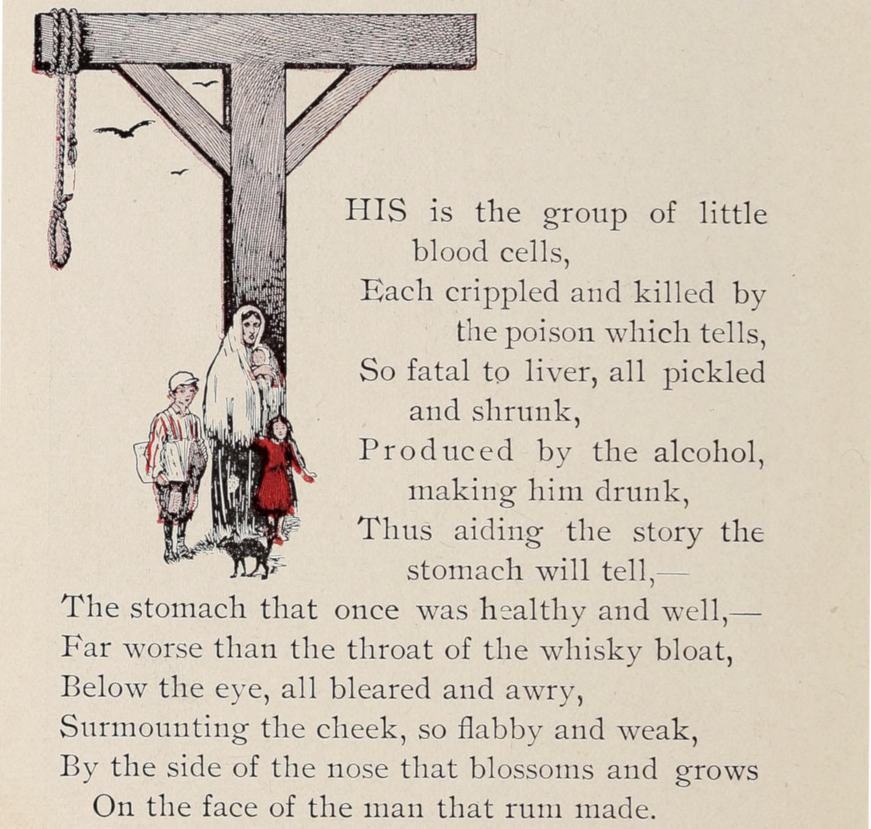 Destitute mother, children and cat under capital T-shaped gallows