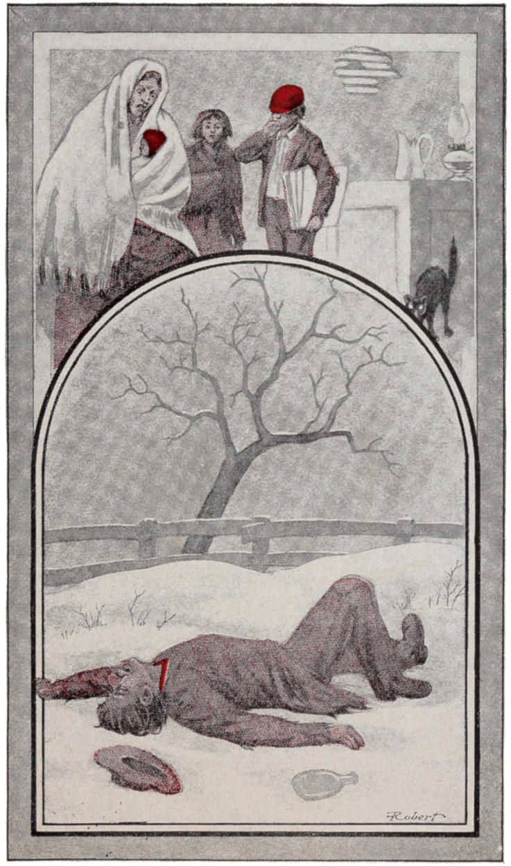 Poor mother with three children and cat; drunkard lying in snow