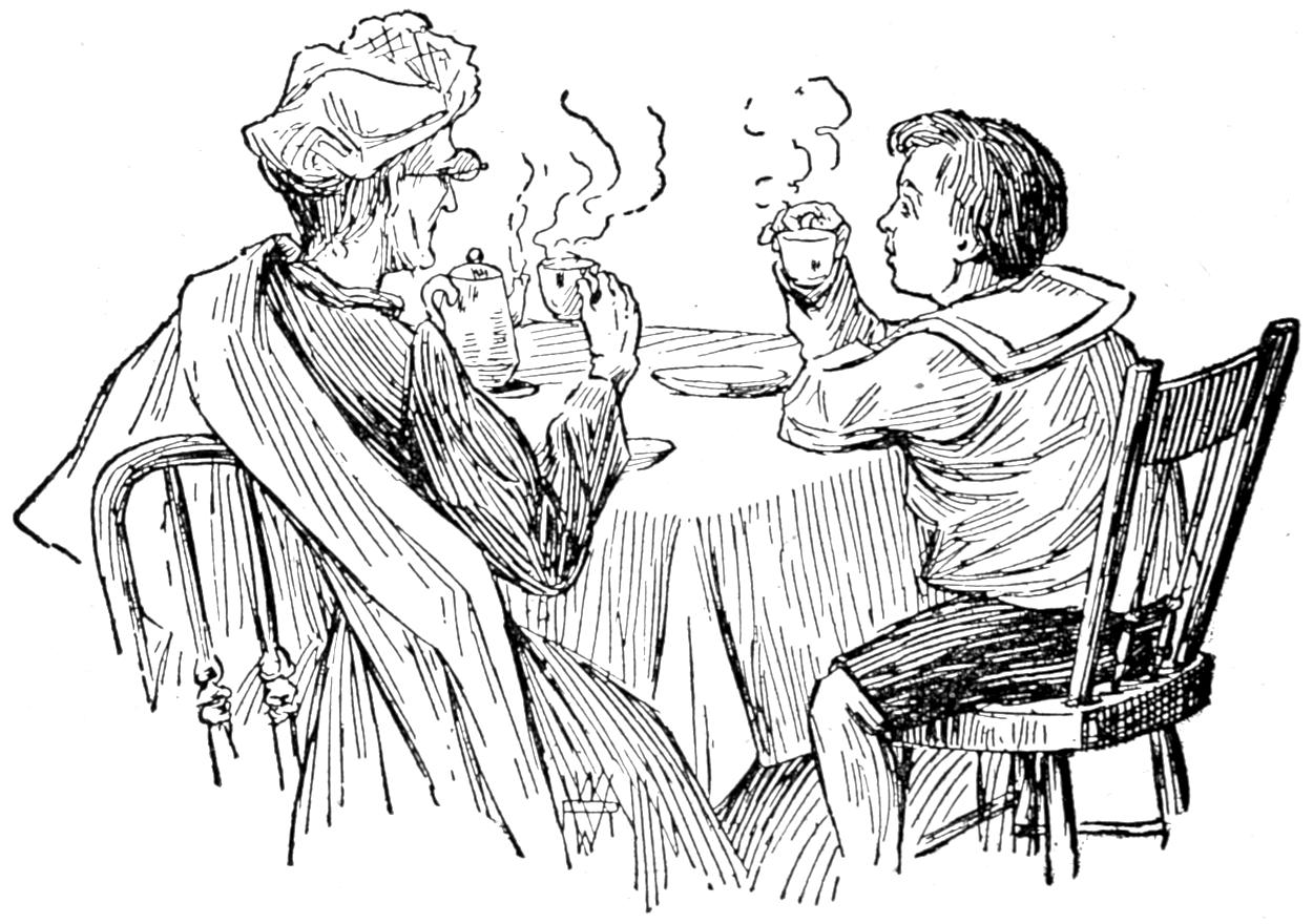 Joey and Aunt Maggie having tea at the table