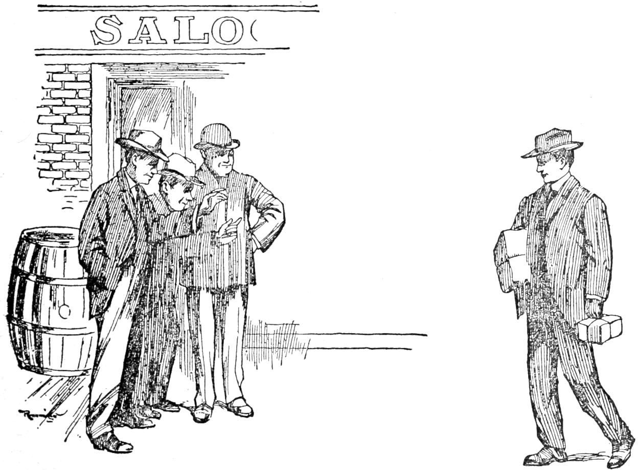 Joe meeting his friends outside the saloon