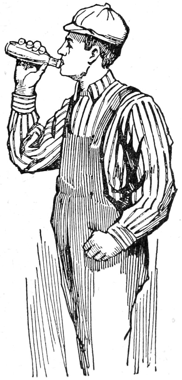 Man in overalls drinking from bottle