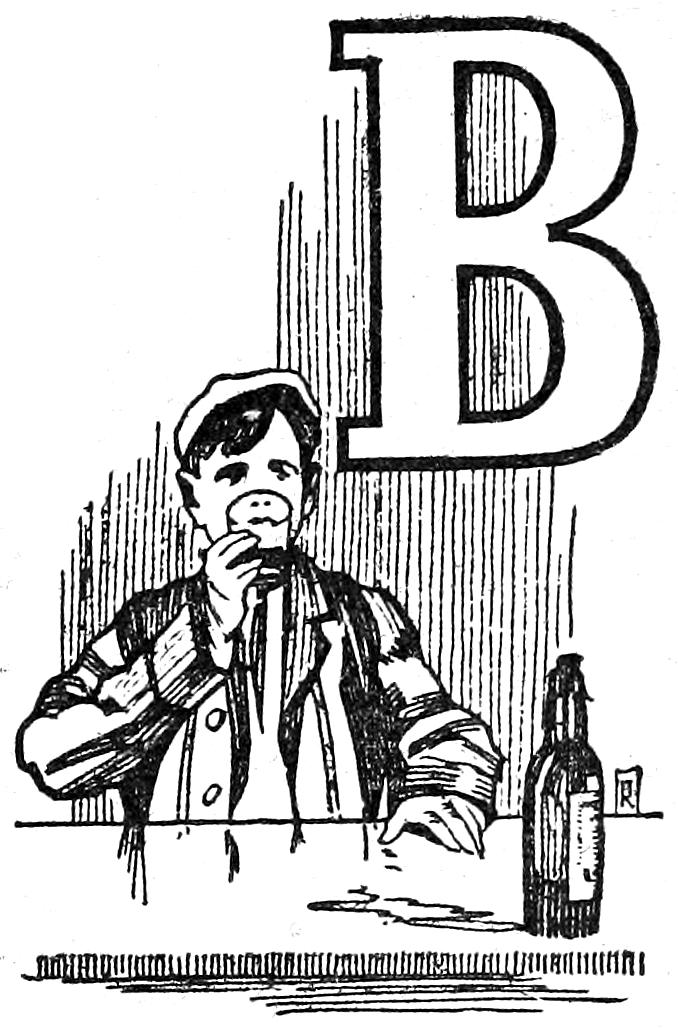 Capital B; boy drinking a glass of beer