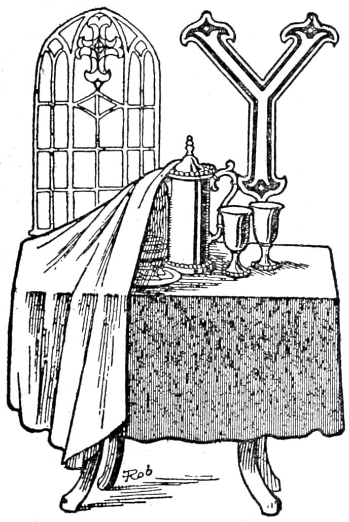 Capital Y; table with pitcher and chalises in front of church window