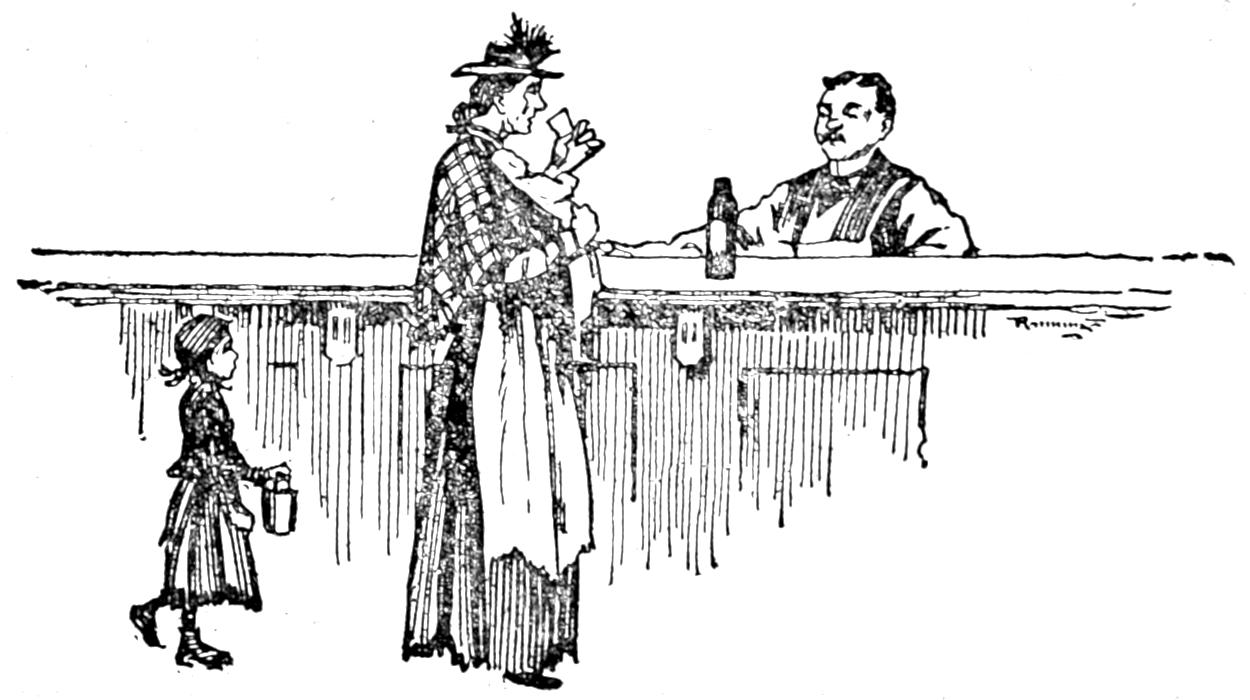 Woman covered with rags with infant trying to buy a drink