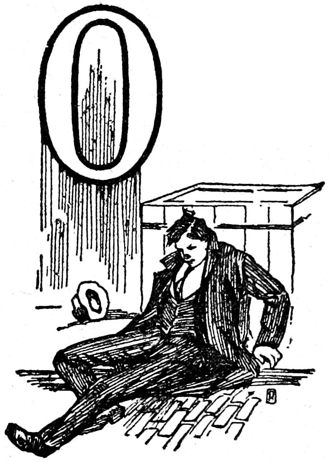 Capital O; drunkard leaning against wooden crate
