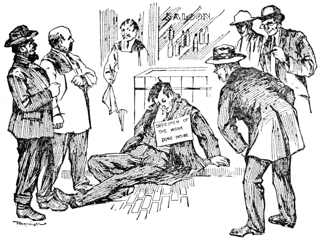 Saloon keeper and bysanders looking at the drunkard with the sign