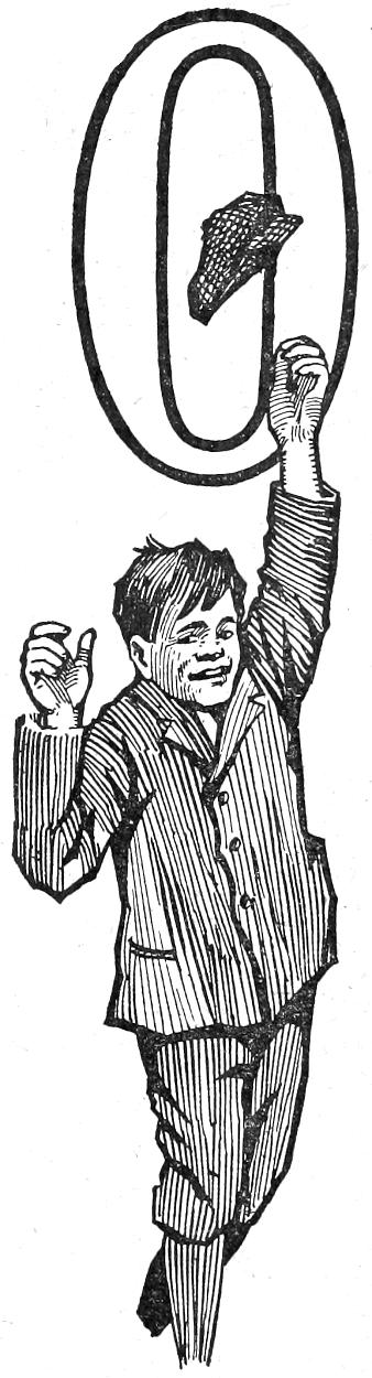 Capital O; boy throwing his cap into the air
