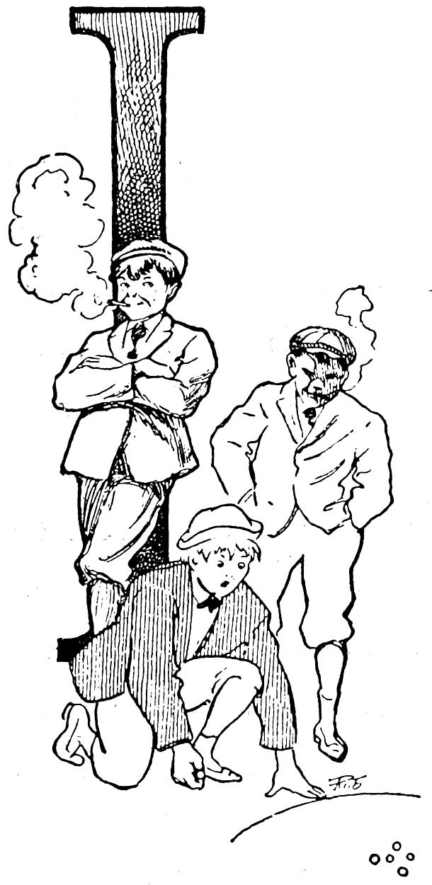 Capital I; three boys playing at marbles and smoking cigarettes