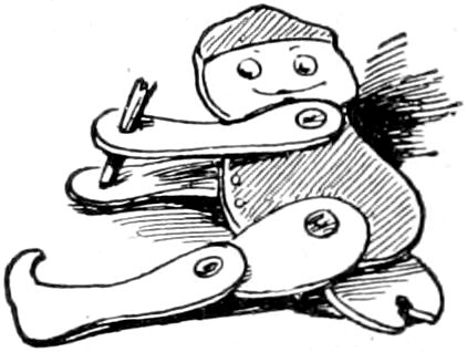 A jointed wooden toy figure sitting down.