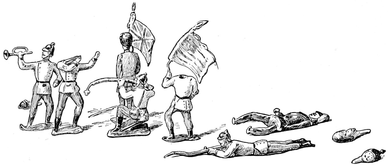 Toy soldiers marching, holding flags, and falling down.