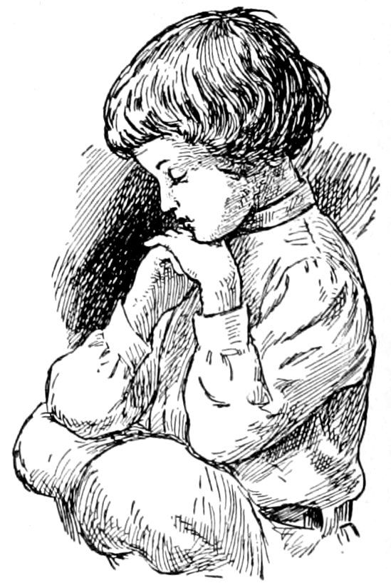 A thoughtful child sitting with hands clasped under their chin, looking downward.