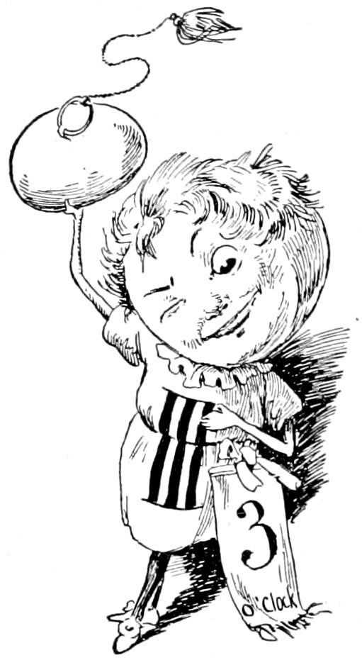 A toy figure holding up a pocket watch and a banner reading "3 o