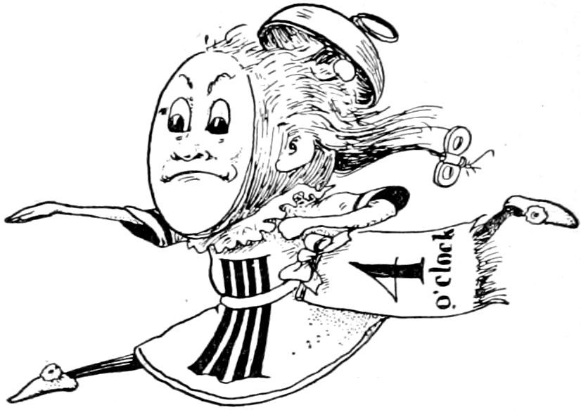 A toy figure with a clock face for a head, a wind-up key, and a banner reading "4 o