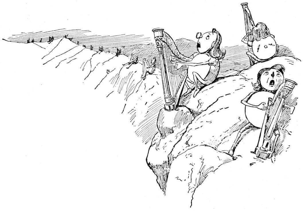 Egg-shaped toy figures playing harps along a hillside.
