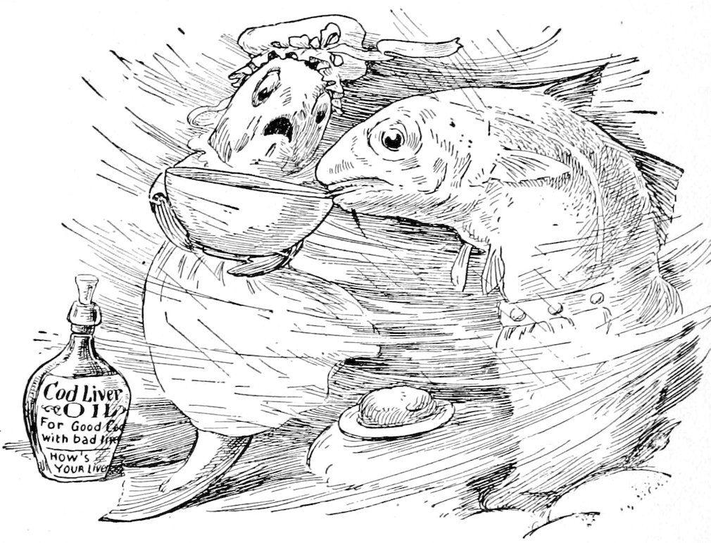 A fish drinking from a bowl held by a startled creature wearing a bonnet, with a bottle of cod liver oil nearby.