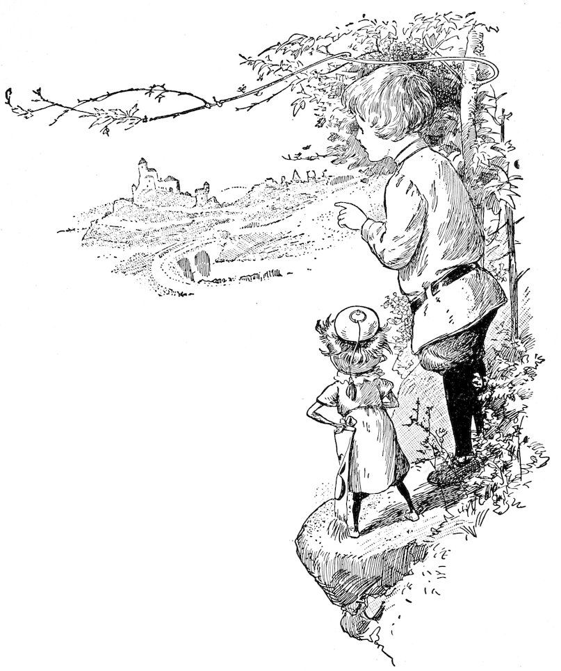 A child pointing towards a distant ruined castle, accompanied by a small companion standing on a rocky ledge.