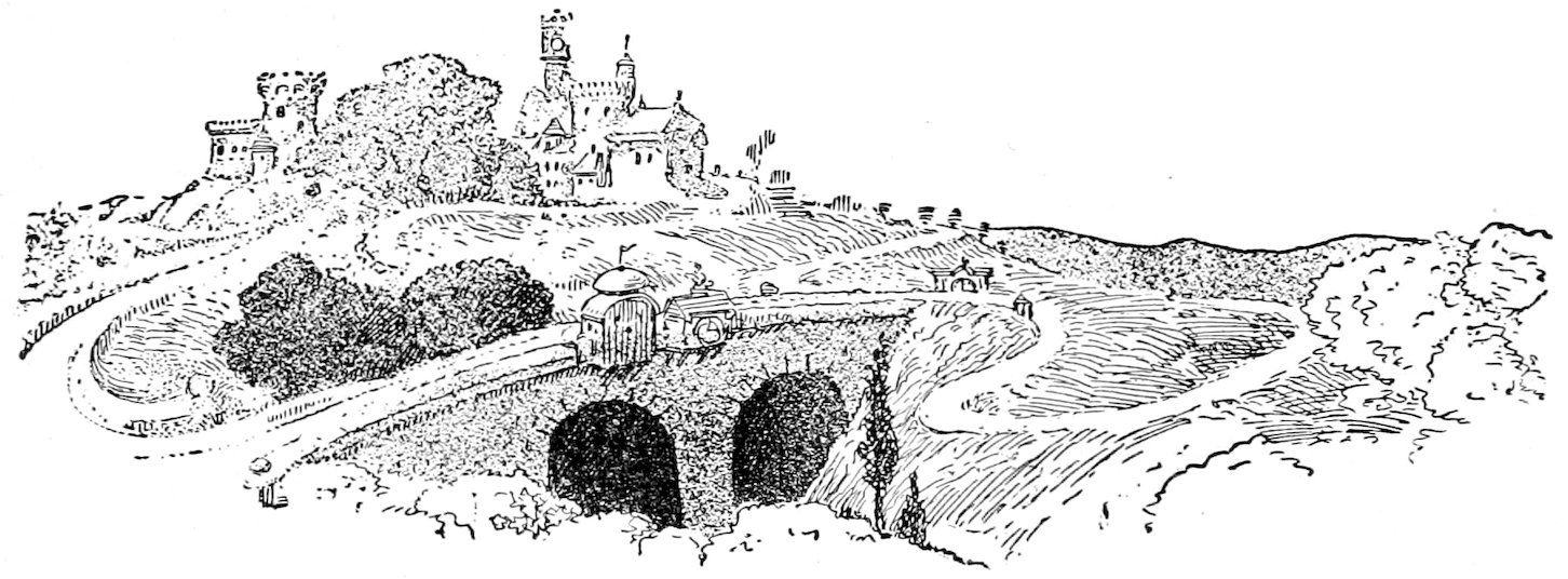 A landscape view of a bridge and a distant castle on a hill.