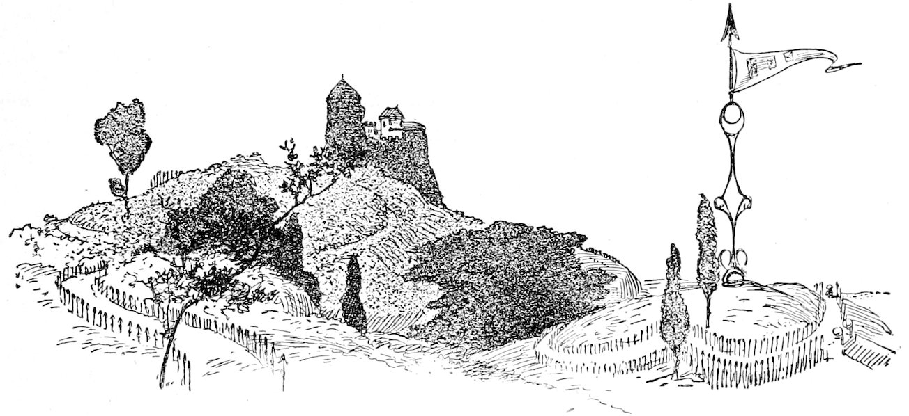 A castle on a hill with a tall flagpole and banner in the foreground.