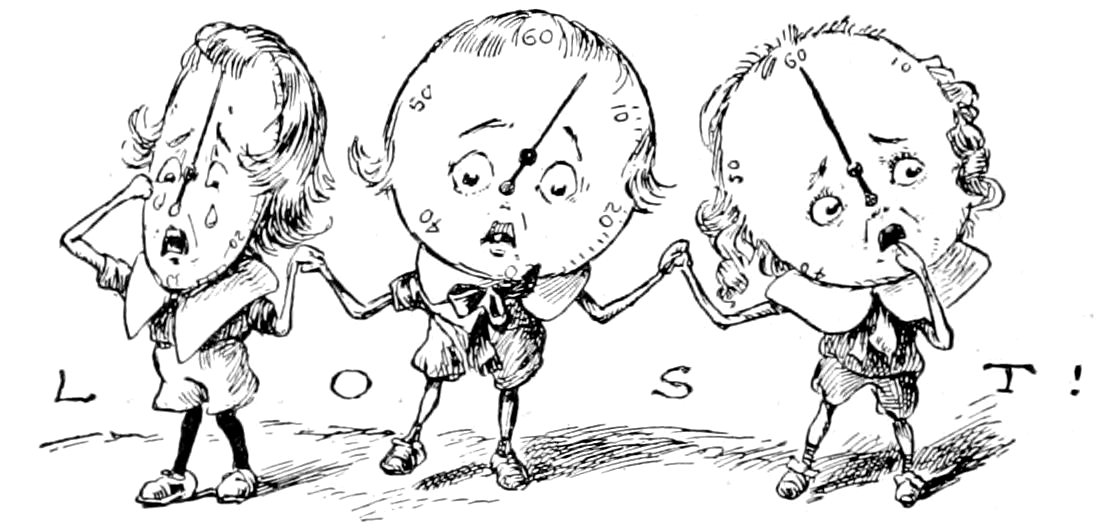 Three crying toy figures with clock faces holding hands above the word "LOST!".