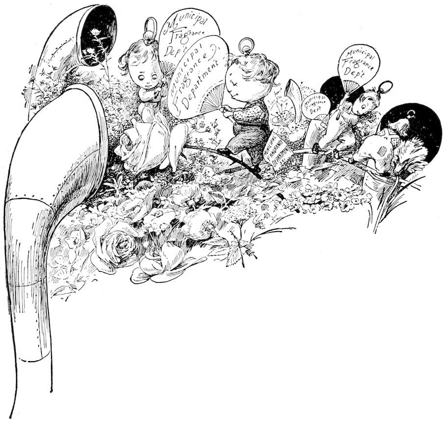 Toy figures with fans and signs reading "Municipal Fragrance Dept" among flowers and large horns.