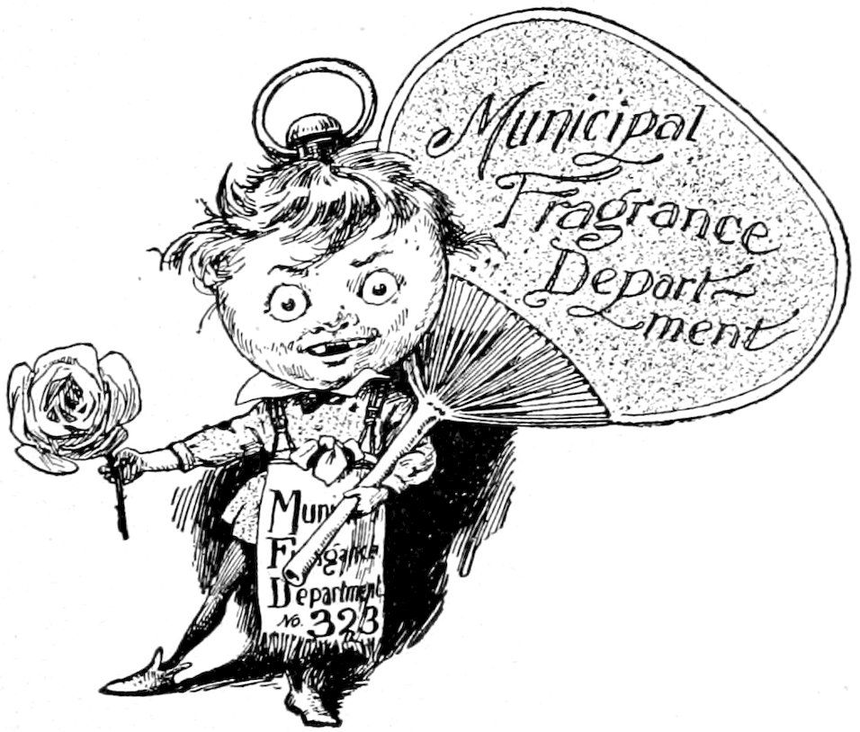 A toy figure holding a rose and a broom, wearing an apron labeled "Municipal Fragrance Department No. 323" and standing next to a sign that reads "Municipal Fragrance Department".