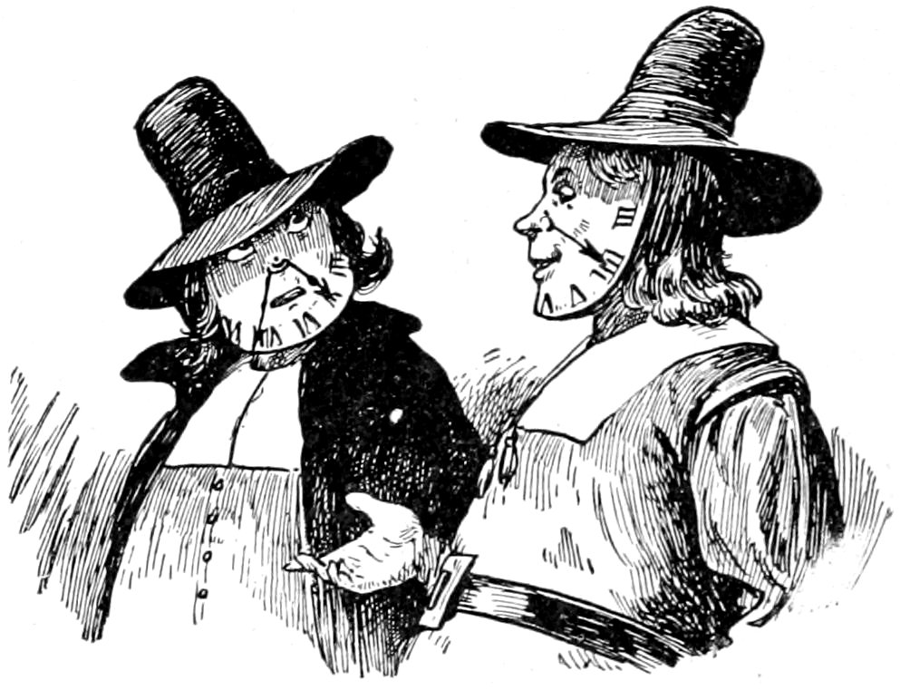 Two figures with clock faces for heads, wearing tall hats and period clothing, in conversation.