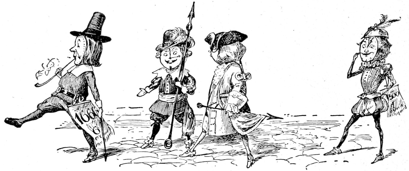 Four toy figures dressed in historical costumes walking together.