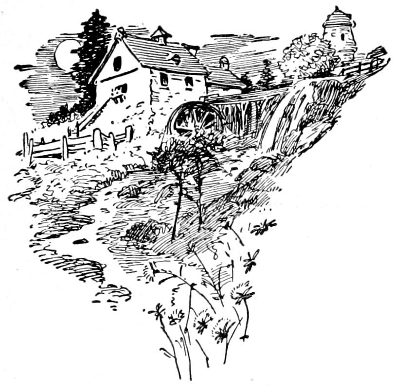 A watermill with a flowing stream and a waterwheel next to a building under the moonlight.