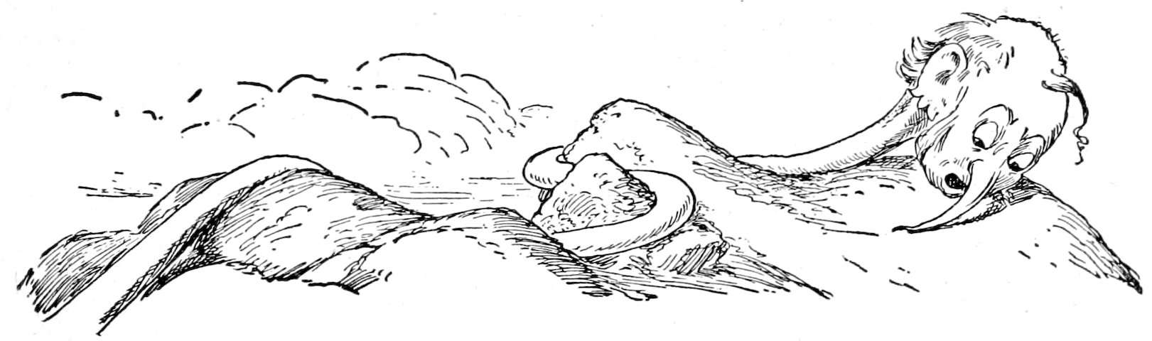 A creature with a long, snaking neck and a long-nosed head resting over a rocky hill.