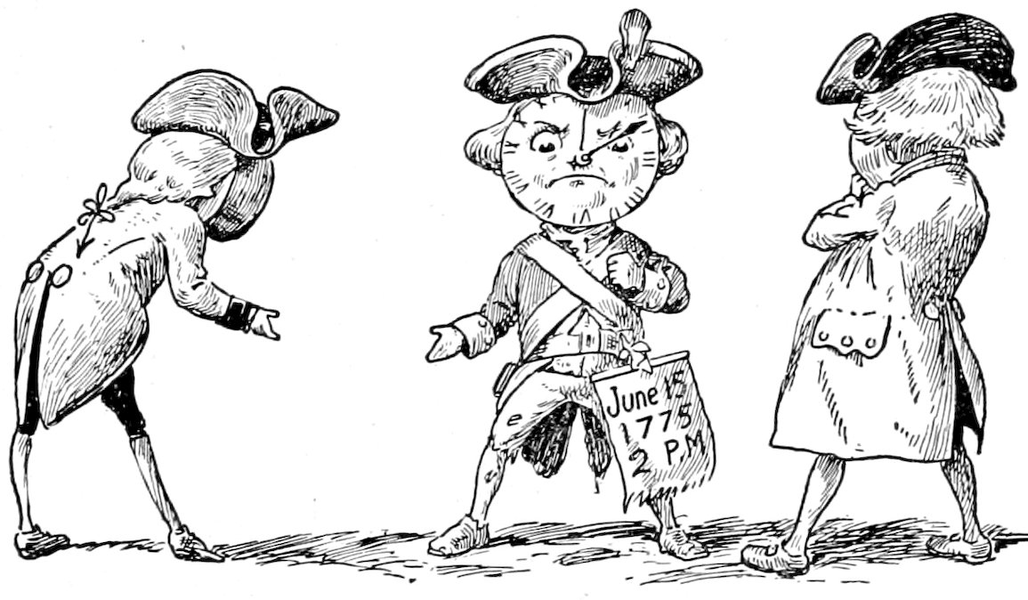 Three figures in period clothing with clock faces, one holding a banner that reads "June 15 1775 2 P.M."