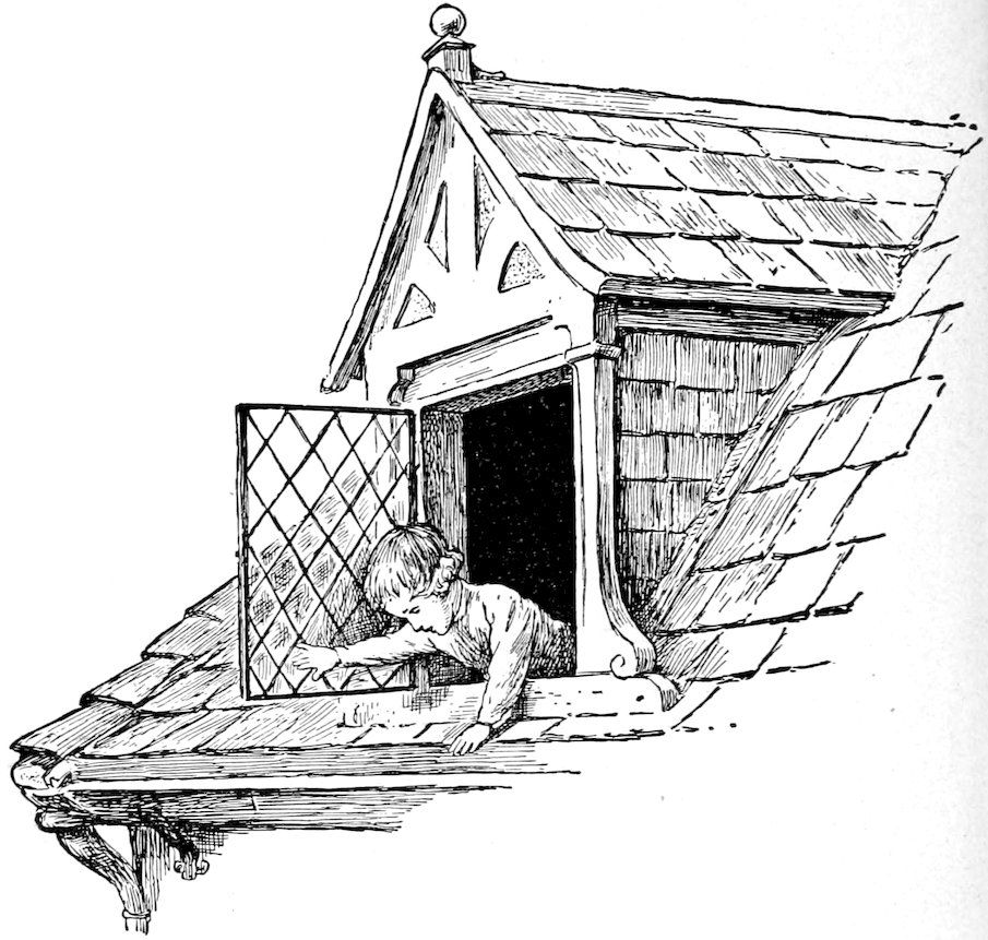A child leaning out of a pitched roof dormer window with a lattice frame.