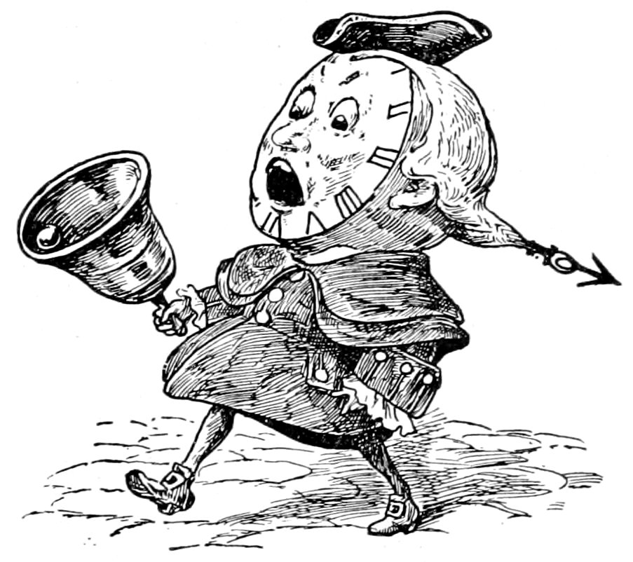 A clock-headed figure wearing a tricorn hat and period clothing, walking while ringing a handbell.