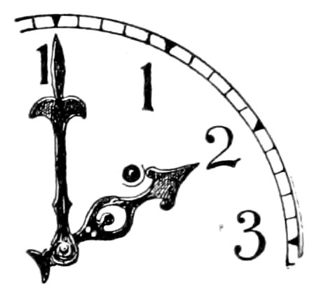 A partial clock face showing the numbers 1, 2, and 3, with ornate hands pointing 2 o’clock.