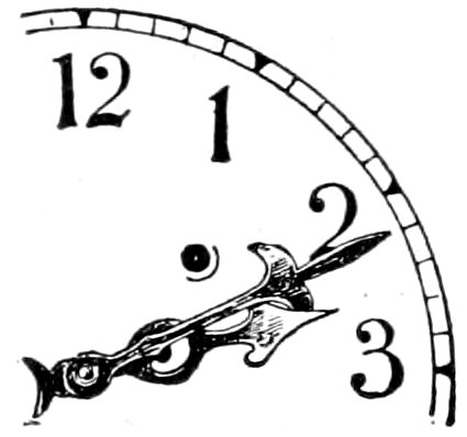 A partial clock face showing the numbers 12, 1, 2, and 3, with ornate hands pointing 2:11 o’clock..
