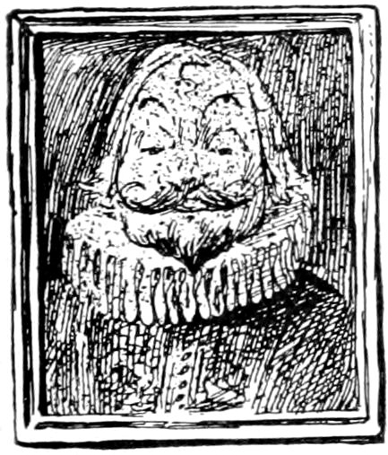 A framed portrait of a man with a mustache, goatee, and a ruffled Elizabethan-style collar.