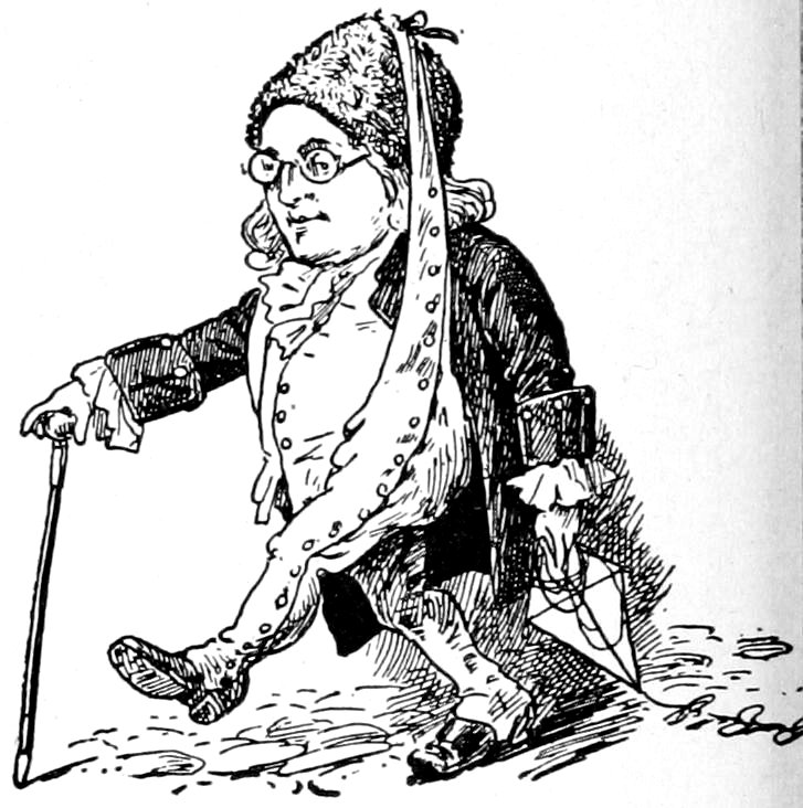 A short, bespectacled figure wearing a fur cap with a long dangling tail, a jacket, and breeches, walking with a cane while holding a small umbrella.